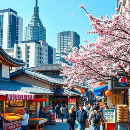 A vibrant street scene in South Korea during daytime, showcasing traditional Korean architecture alongside modern skyscrapers