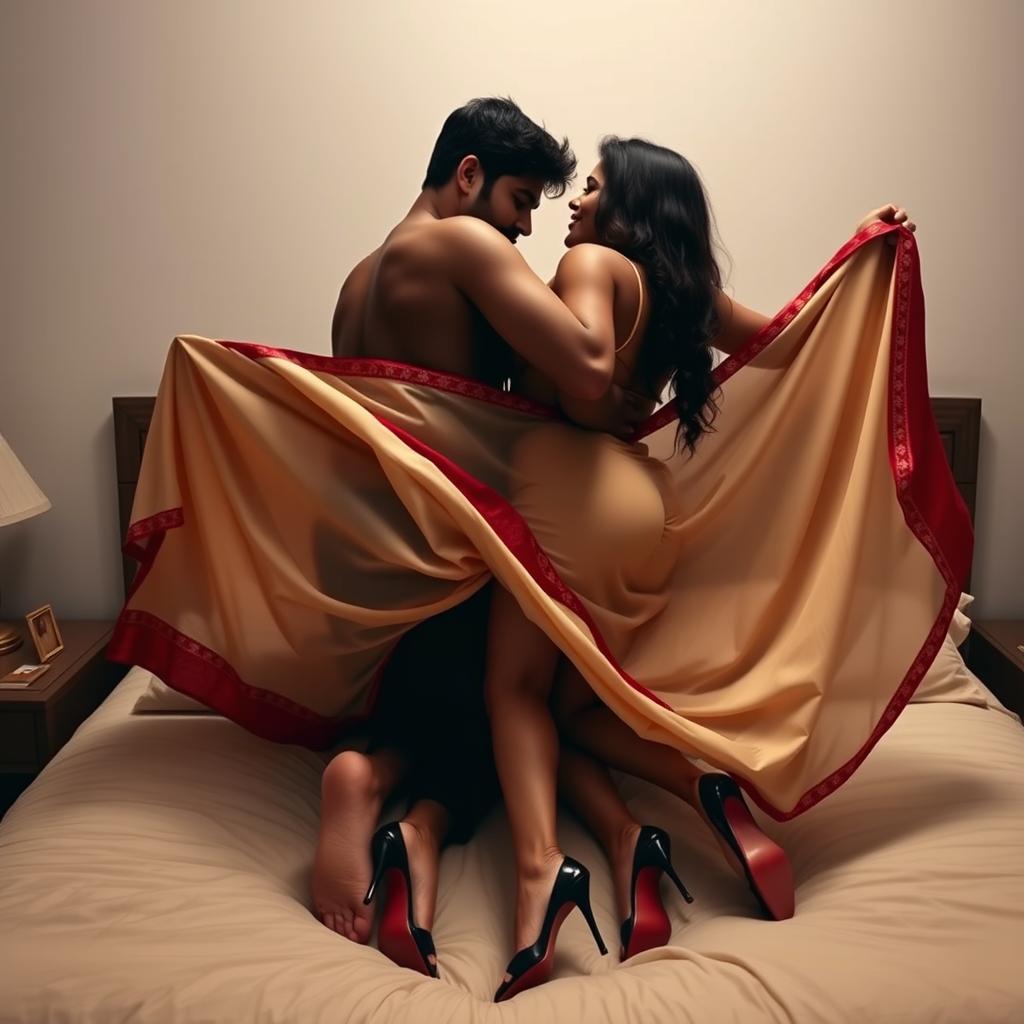 A seductive scene of a sexy Assamese woman with a voluptuous figure, ample breasts, and a curvy backside, passionately engaging with her boyfriend on a bed