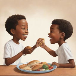 An uplifting illustration portraying a young African American boy and a white boy playfully trading food with each other, embodying a message of unity and shared joy.