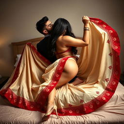 A seductive scene of a sexy Assamese woman with a voluptuous figure, ample breasts, and a curvy backside, passionately engaging with her boyfriend on a bed