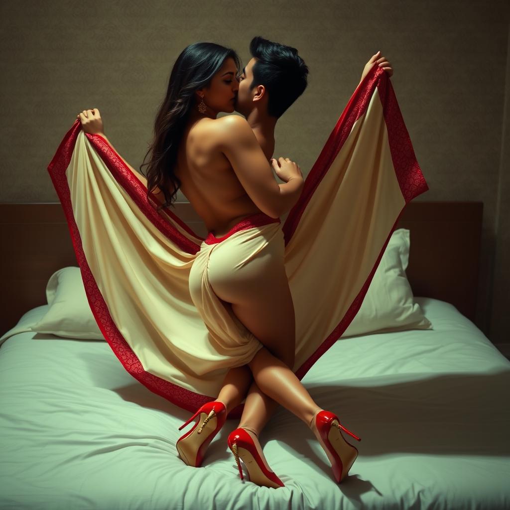 A seductive scene of a sexy Assamese woman with a voluptuous figure, ample breasts, and a curvy backside, passionately engaging with her boyfriend on a bed