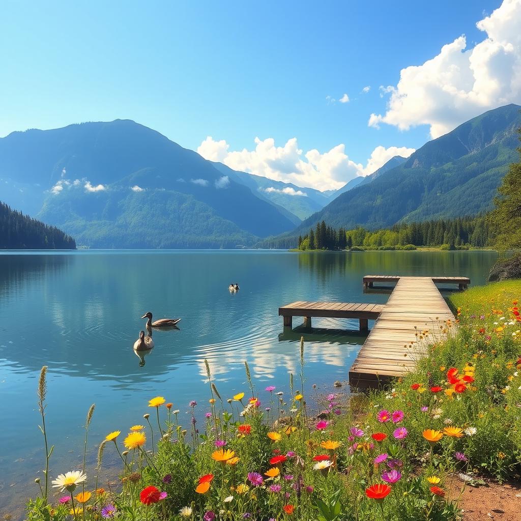 A tranquil scene depicting a peaceful lake oasis surrounded by vibrant greenery and towering mountains