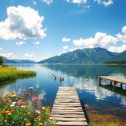 A tranquil scene depicting a peaceful lake oasis surrounded by vibrant greenery and towering mountains