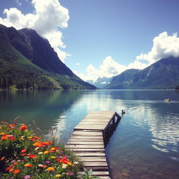 A tranquil scene depicting a peaceful lake oasis surrounded by vibrant greenery and towering mountains