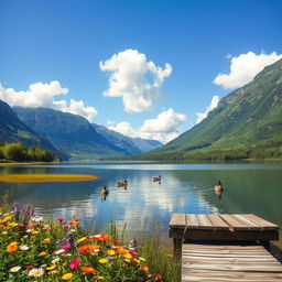 A tranquil scene depicting a peaceful lake oasis surrounded by vibrant greenery and towering mountains