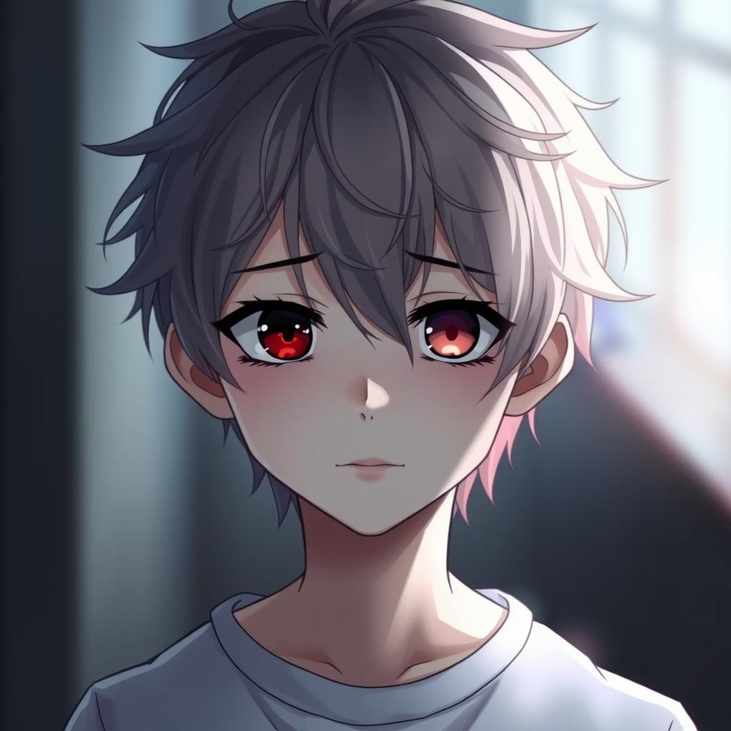 A sad, cute anime boy with heterochromia, featuring one red eye and one black eye