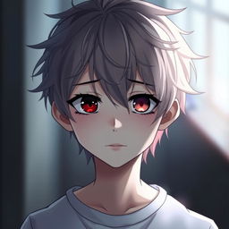 A sad, cute anime boy with heterochromia, featuring one red eye and one black eye