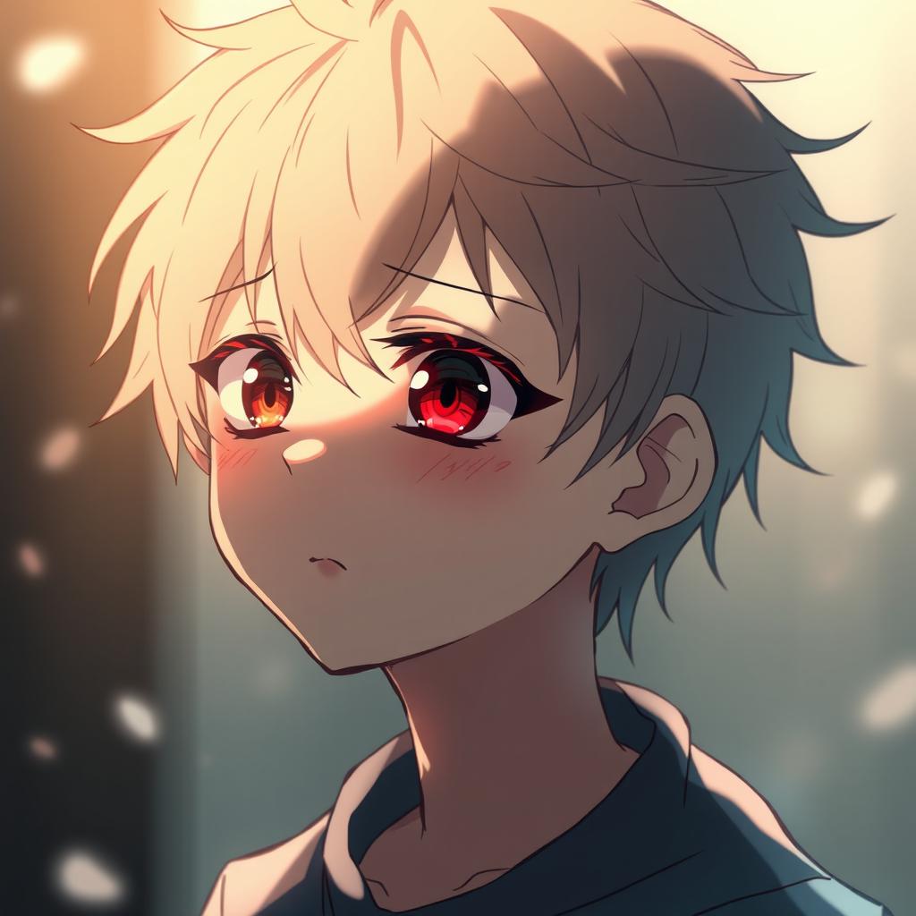 A sad, cute anime boy with heterochromia, featuring one red eye and one black eye