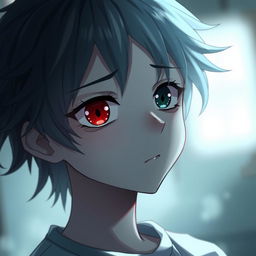 A sad, cute anime boy with heterochromia, featuring one red eye and one black eye