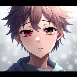 A sad, cute anime boy with heterochromia, featuring one red eye and one black eye