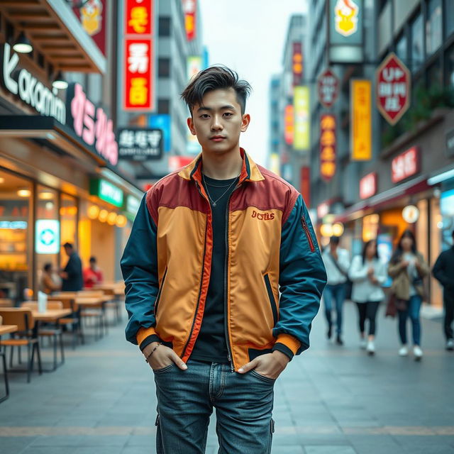 A stylish young Korean man standing confidently in a bustling urban environment, dressed in trendy street fashion that includes a colorful bomber jacket, tailored jeans, and fashionable sneakers