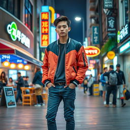 A stylish young Korean man standing confidently in a bustling urban environment, dressed in trendy street fashion that includes a colorful bomber jacket, tailored jeans, and fashionable sneakers