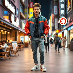 A stylish young Korean man standing confidently in a bustling urban environment, dressed in trendy street fashion that includes a colorful bomber jacket, tailored jeans, and fashionable sneakers