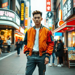 A stylish young Korean man standing confidently in a bustling urban environment, dressed in trendy street fashion that includes a colorful bomber jacket, tailored jeans, and fashionable sneakers