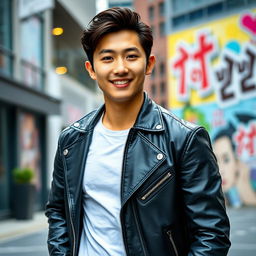 An incredibly handsome young Korean man exuding charm and confidence, standing in a fashionable urban setting