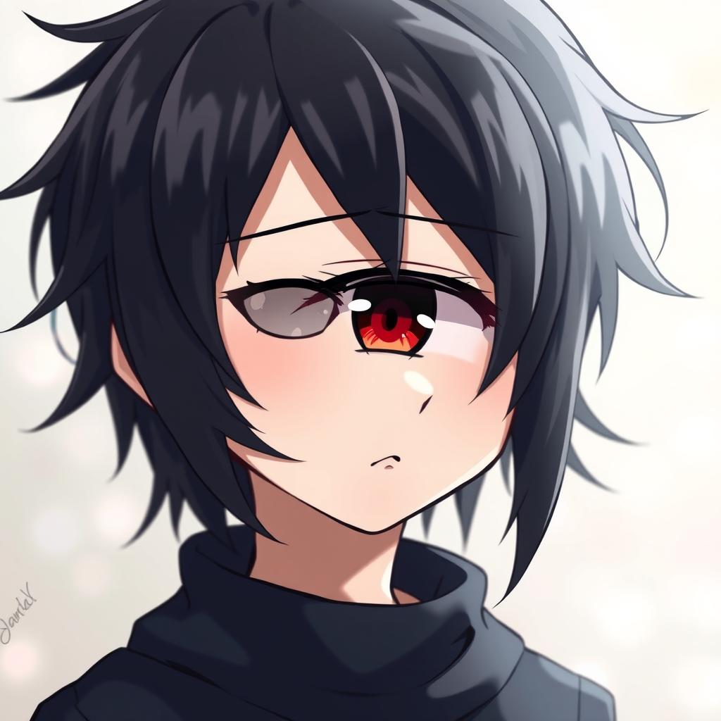 A cute anime boy with heterochromia, featuring one black eye and one red eye