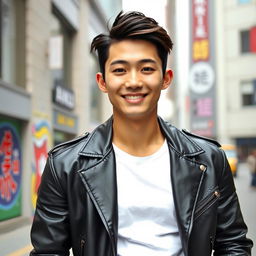 An incredibly handsome young Korean man exuding charm and confidence, standing in a fashionable urban setting