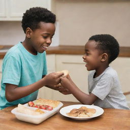 A heartwarming scene showcasing an African American boy and a Caucasian boy happily trading food, a simple act that symbolizes friendship, unity, and acceptance.