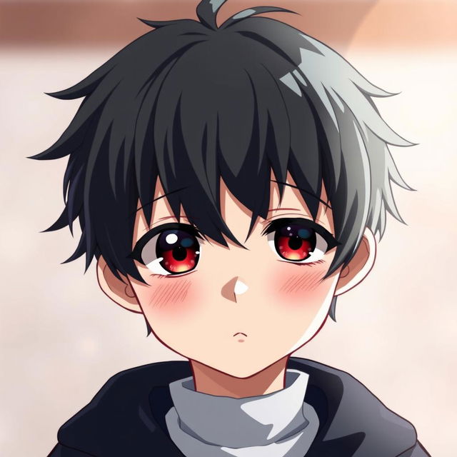 A cute anime boy with heterochromia, featuring one black eye and one red eye