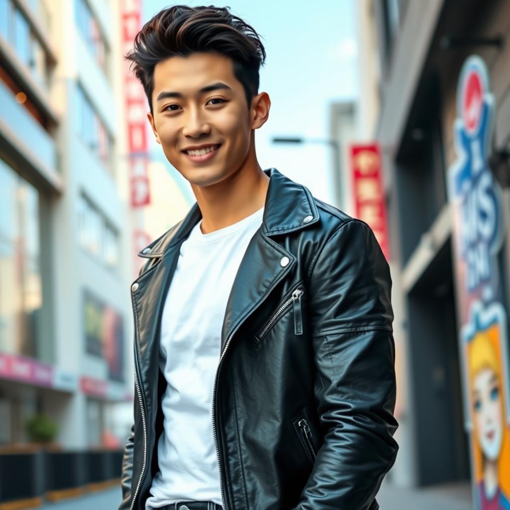 An incredibly handsome young Korean man exuding charm and confidence, standing in a fashionable urban setting