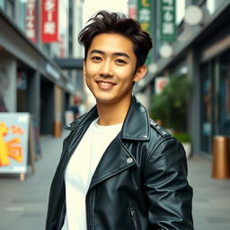 An incredibly handsome young Korean man exuding charm and confidence, standing in a fashionable urban setting