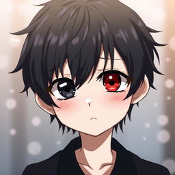 A cute anime boy with heterochromia, featuring one black eye and one red eye