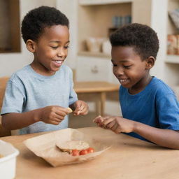 A heartwarming scene showcasing an African American boy and a Caucasian boy happily trading food, a simple act that symbolizes friendship, unity, and acceptance.