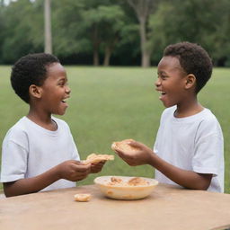 A heartwarming scene showcasing an African American boy and a Caucasian boy happily trading food, a simple act that symbolizes friendship, unity, and acceptance.