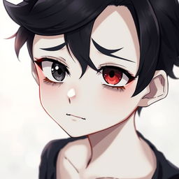 A cute anime boy with heterochromia, having one black eye and one red eye