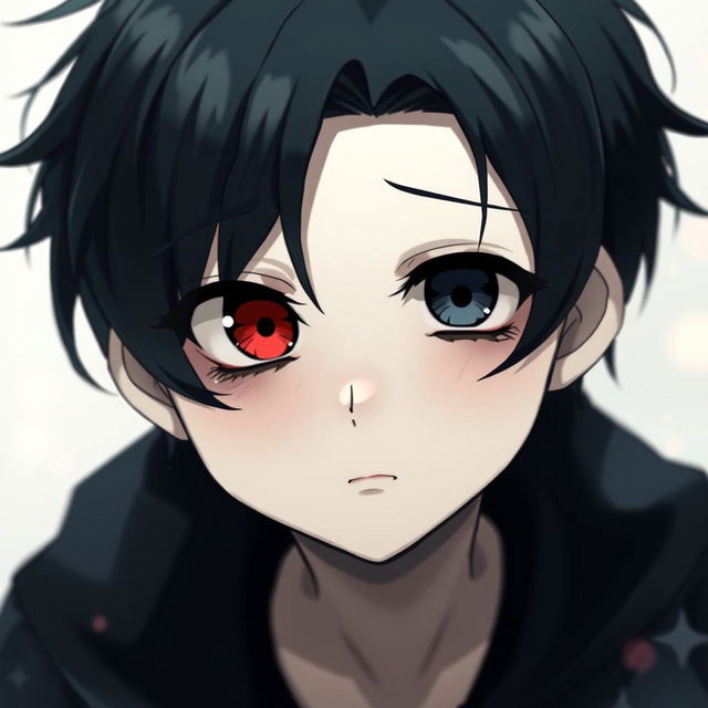 A cute anime boy with heterochromia, having one black eye and one red eye