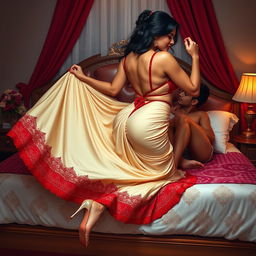 An alluring depiction of a voluptuous Assamese woman with a seductive figure, featuring ample breasts and a curvy backside, immersed in romance with her boyfriend on a beautifully decorated bed