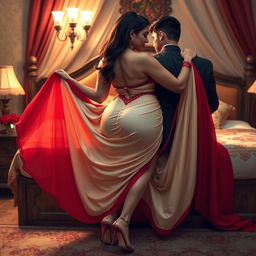 An alluring depiction of a voluptuous Assamese woman with a seductive figure, featuring ample breasts and a curvy backside, immersed in romance with her boyfriend on a beautifully decorated bed