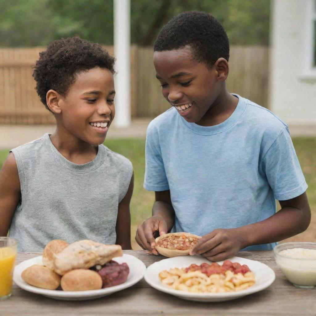 A heartwarming scene showcasing an African American boy and a Caucasian boy happily trading food, a simple act that symbolizes friendship, unity, and acceptance.