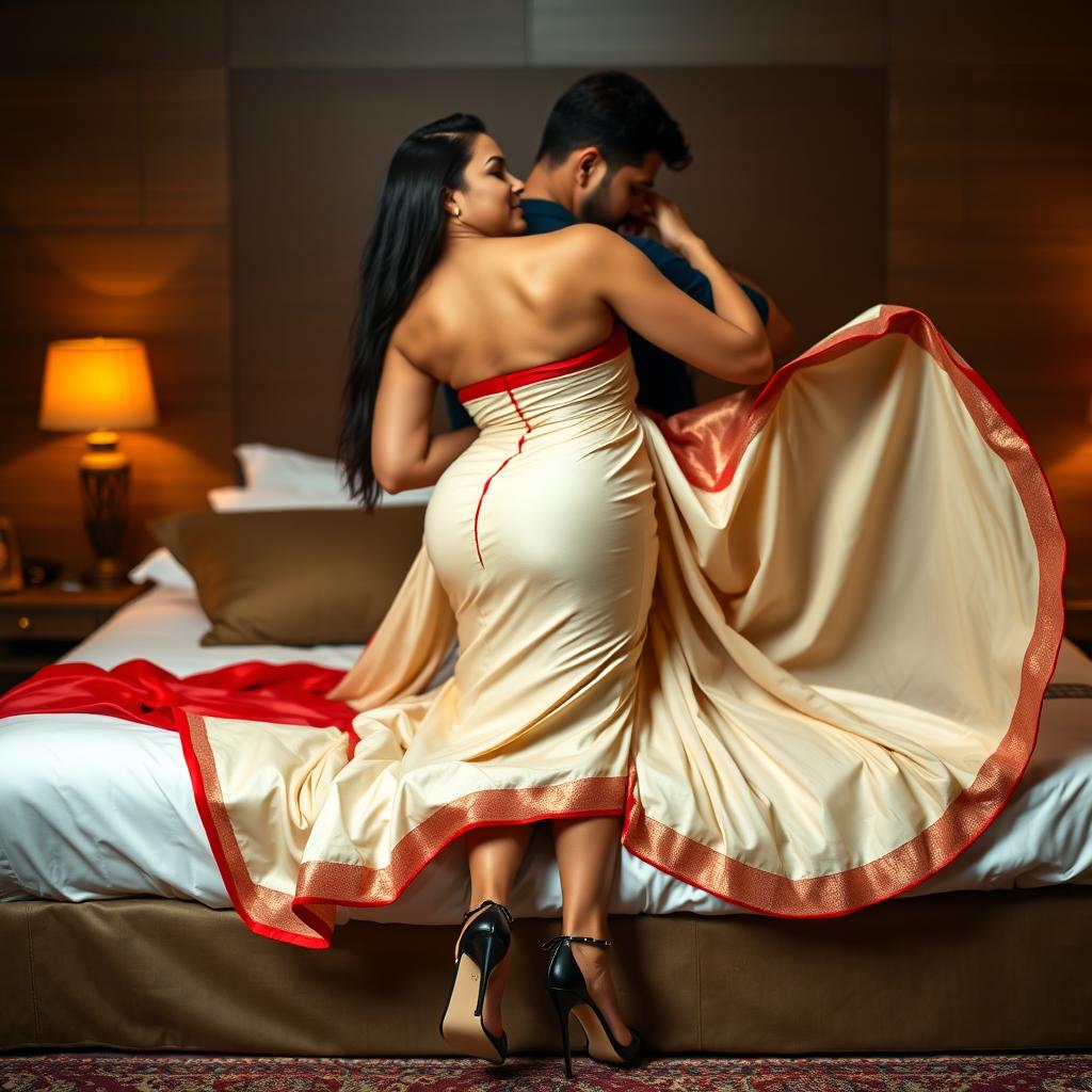 An enticing image of a curvy Assamese woman with an alluring figure, featuring big breasts and a voluptuous backside, romantically engaged with her boyfriend on a luxurious bed