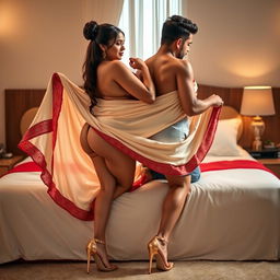 An enticing image of a curvy Assamese woman with an alluring figure, featuring big breasts and a voluptuous backside, romantically engaged with her boyfriend on a luxurious bed