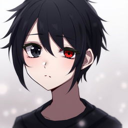 A sad and cute anime boy with heterochromia, showcasing one black eye and one red eye