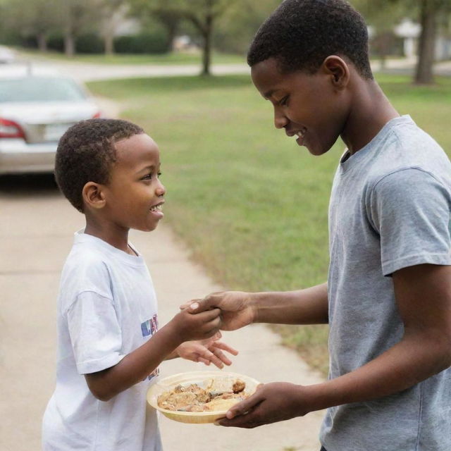 A touching image displaying an African American boy generously offering food to a Caucasian boy, embodying a spirit of kindness and shared humanity.