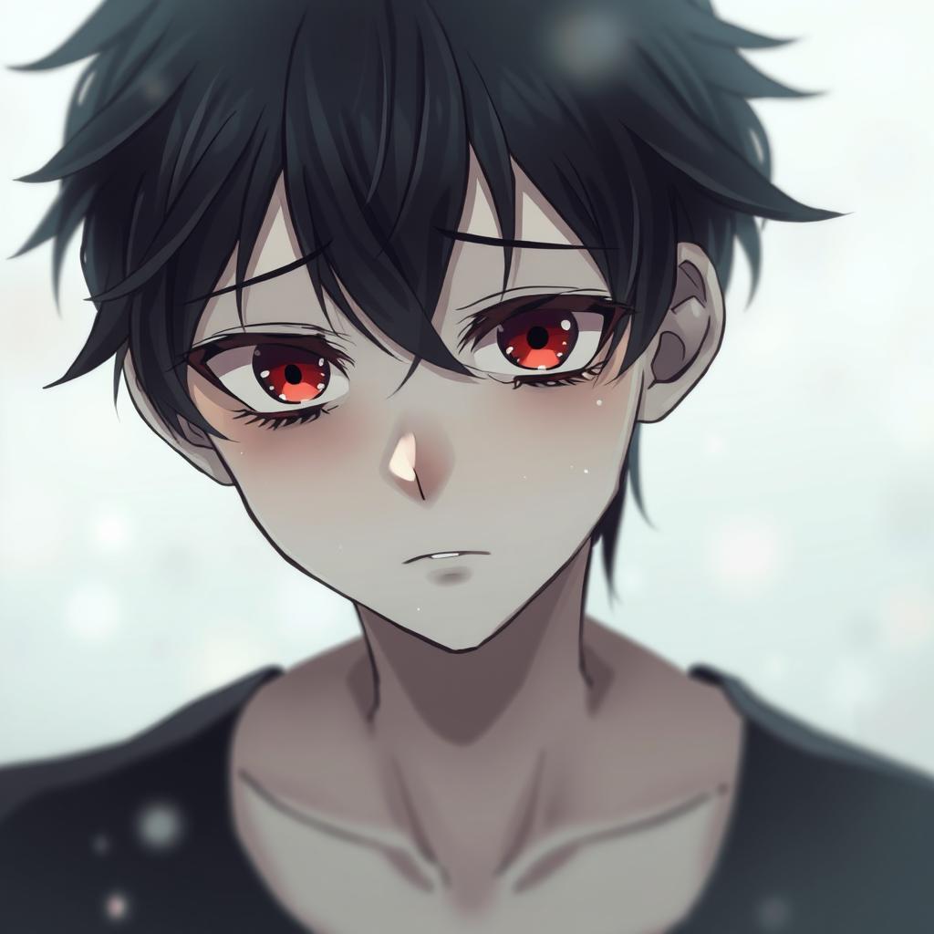 A sad and cute anime boy with heterochromia, showcasing one black eye and one red eye