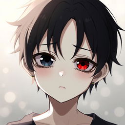 A sad and cute anime boy with heterochromia, showcasing one black eye and one red eye