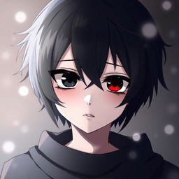 A sad and cute anime boy with heterochromia, showcasing one black eye and one red eye