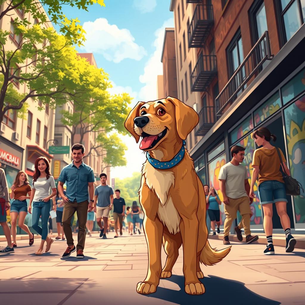 Dog named Doug, a city guardian in a vibrant and lively urban setting inspired by the artworks of Elvis de Araujo