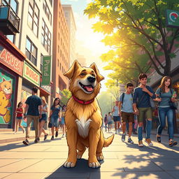 Dog named Doug, a city guardian in a vibrant and lively urban setting inspired by the artworks of Elvis de Araujo