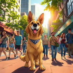 Dog named Doug, a city guardian in a vibrant and lively urban setting inspired by the artworks of Elvis de Araujo