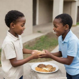 A touching image displaying an African American boy generously offering food to a Caucasian boy, embodying a spirit of kindness and shared humanity.