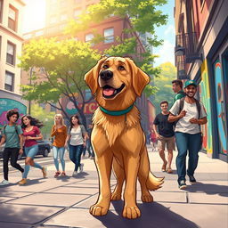 Dog named Doug, a city guardian in a vibrant and lively urban setting inspired by the artworks of Elvis de Araujo