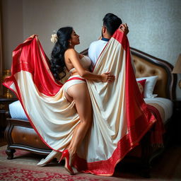 A sensual portrayal of an enticing Assamese woman with a sexy figure, showcasing big breasts and a voluptuous backside, engaging in a romantic moment with her boyfriend on an opulent bed