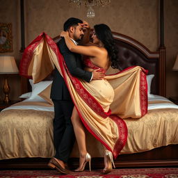 A sensual portrayal of an enticing Assamese woman with a sexy figure, showcasing big breasts and a voluptuous backside, engaging in a romantic moment with her boyfriend on an opulent bed