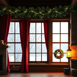 A realistic Christmas background in a horizontal 4:5 format featuring a large wooden window with red curtains pulled to the sides