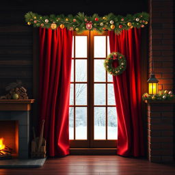 A realistic Christmas background in a horizontal 4:5 format featuring a large wooden window with red curtains pulled to the sides