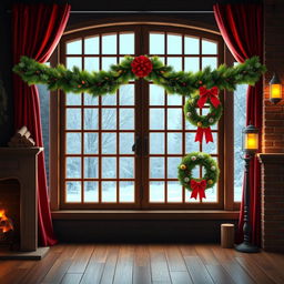 A realistic Christmas background in a horizontal 4:5 format featuring a large wooden window with red curtains pulled to the sides